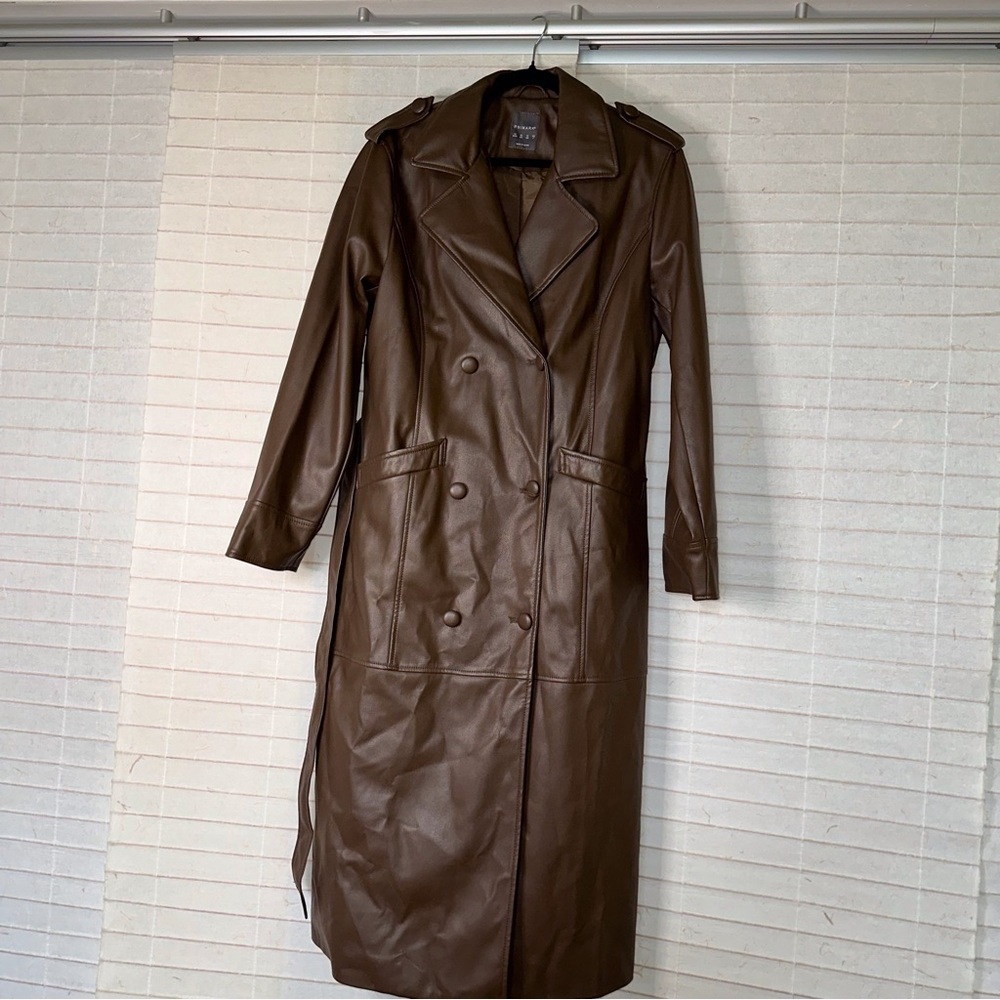 Primark Brown Faux Leather Trench Coat Size 10